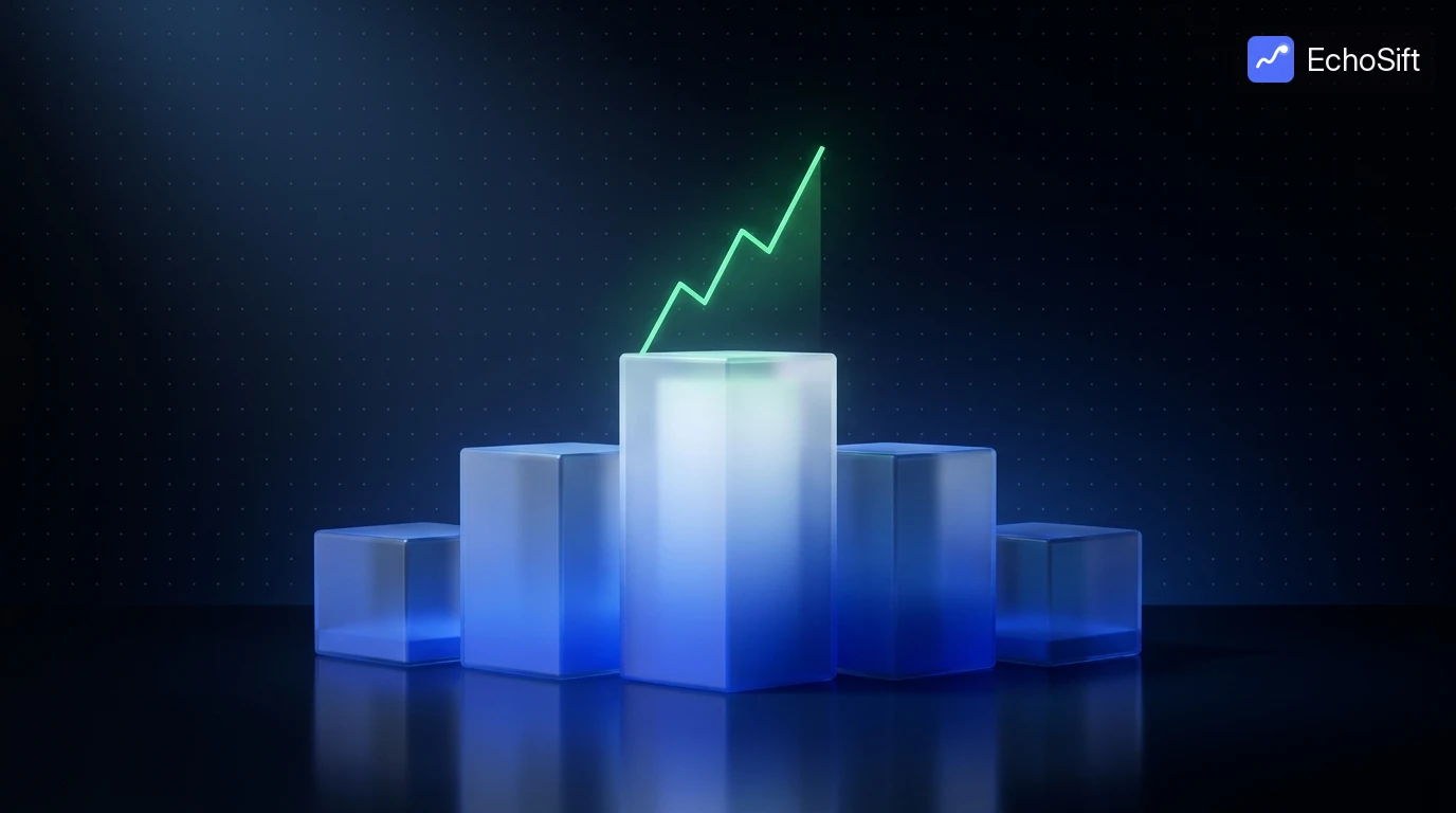 3D illustration: A minimalist winners podium of five frosted-glass cubes at staggered heights on a dark reflective floor.