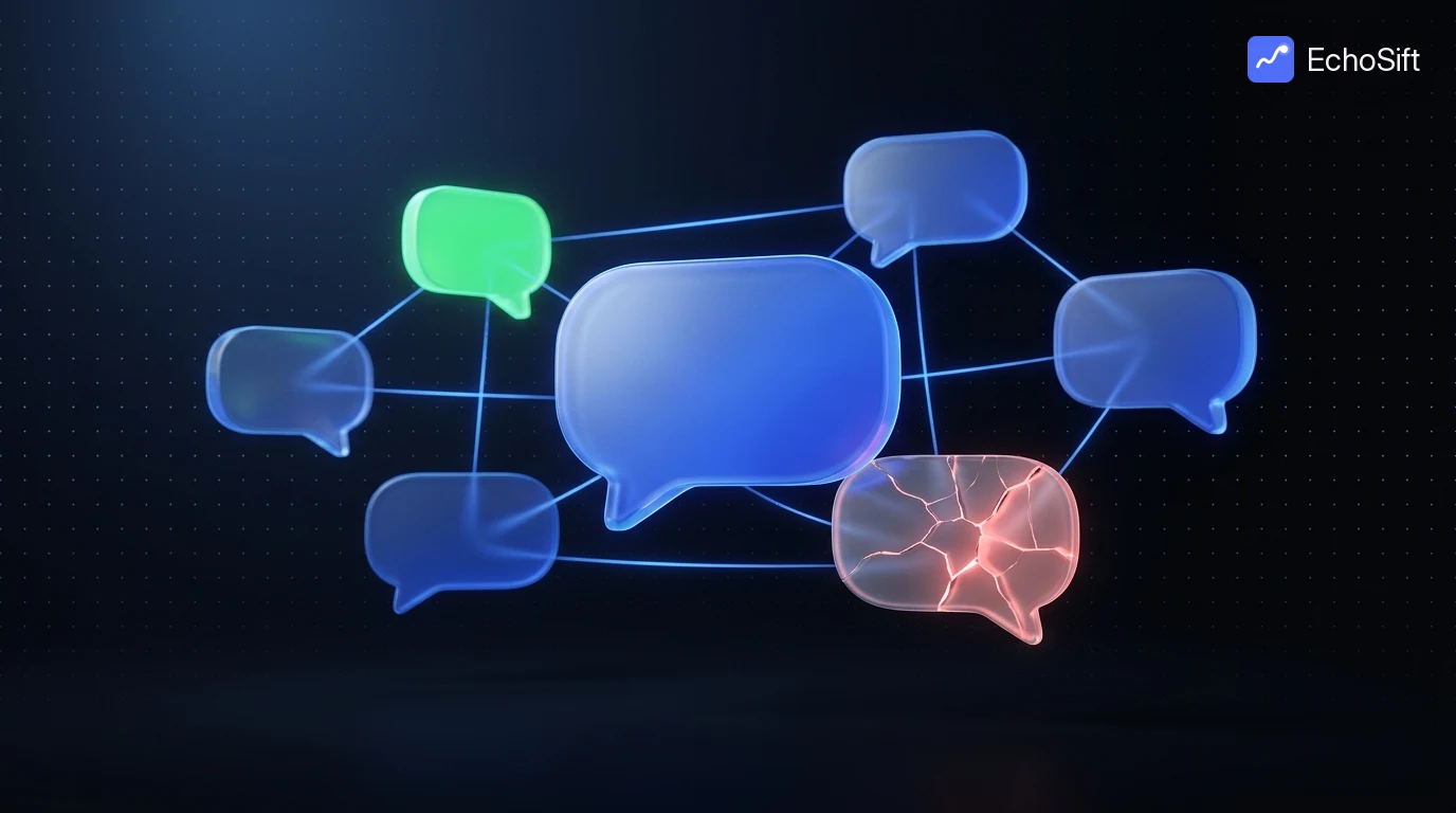 3D illustration: Seven rounded glass chat-bubble shapes of different sizes floating in dark space at different depths, connected by thin glowing blue light threads like a network.