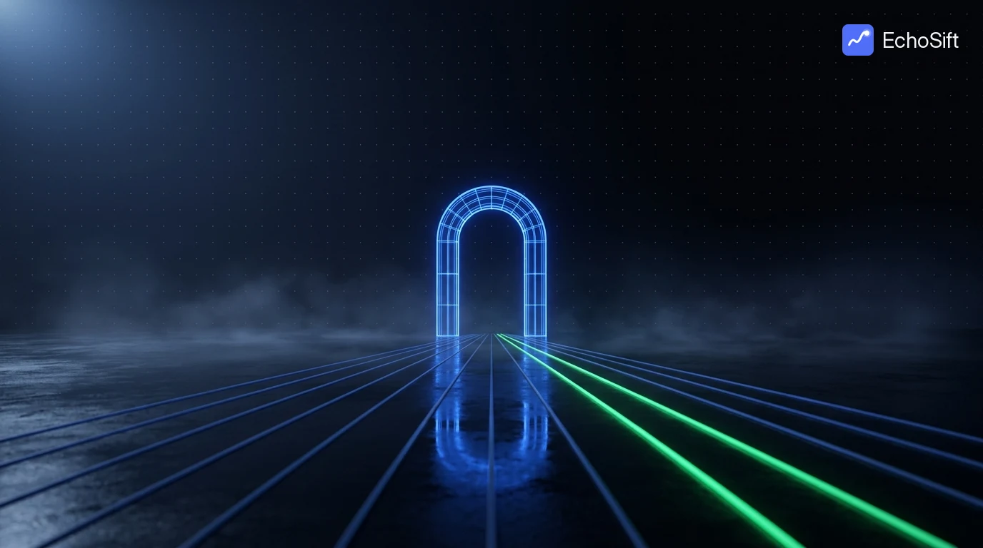 3D illustration: A wide dark plain at night with a glowing blue wireframe gateway arch standing at the horizon center.