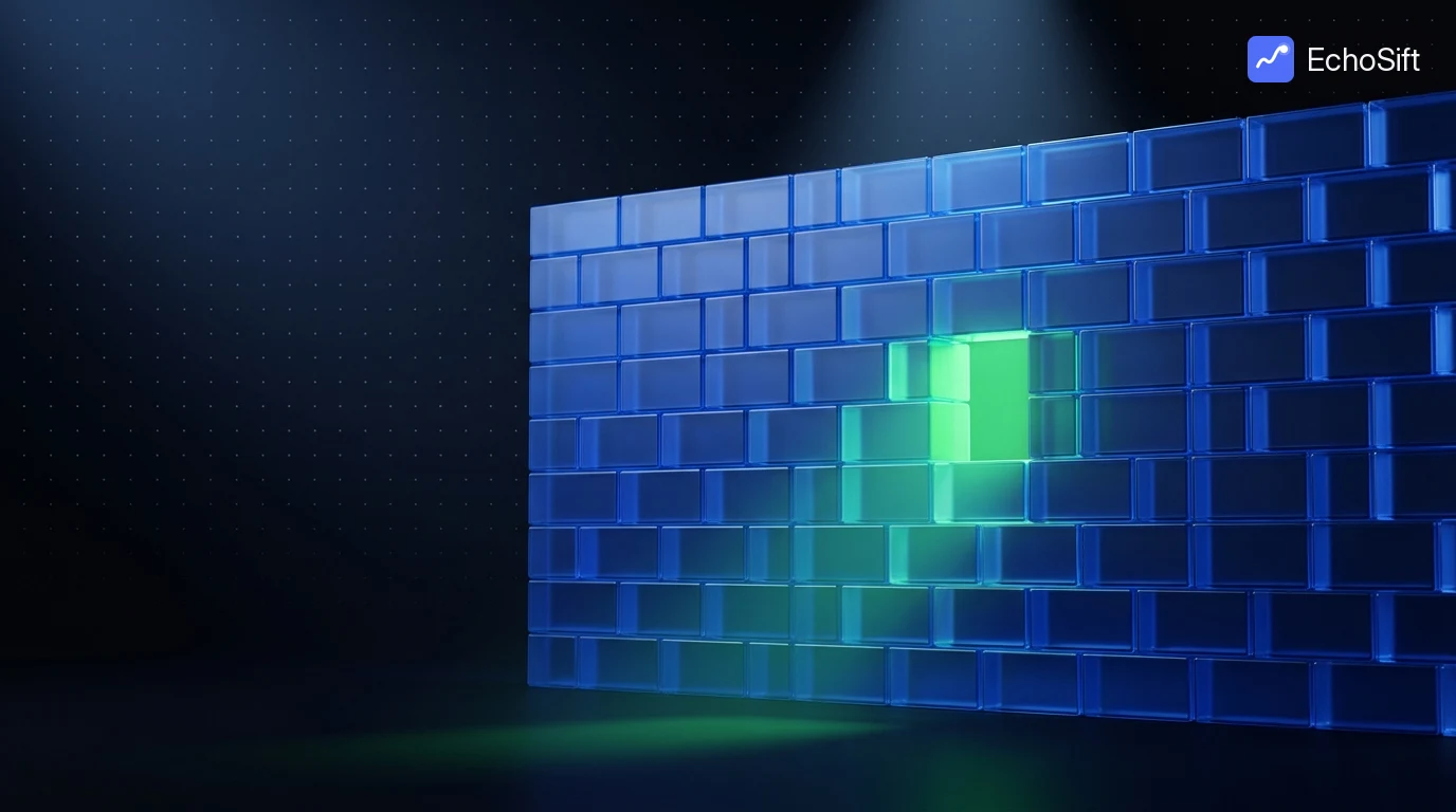 3D illustration: A tall wall built of tightly packed rectangular blue glass blocks filling the right two thirds of the frame, seen at a slight angle.