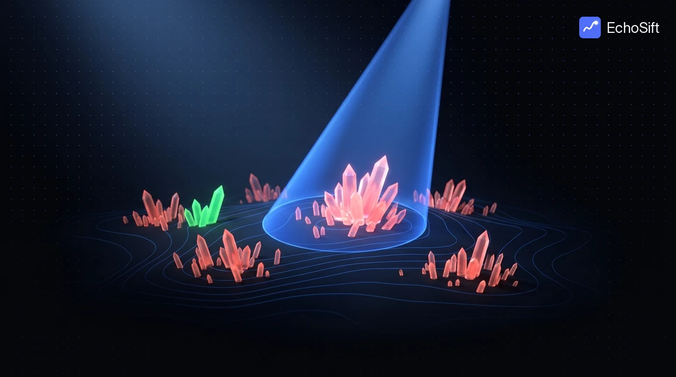 3D illustration: A dark terrain seen from a three-quarter aerial view, covered with small translucent coral crystal spikes growing in distinct clusters.
