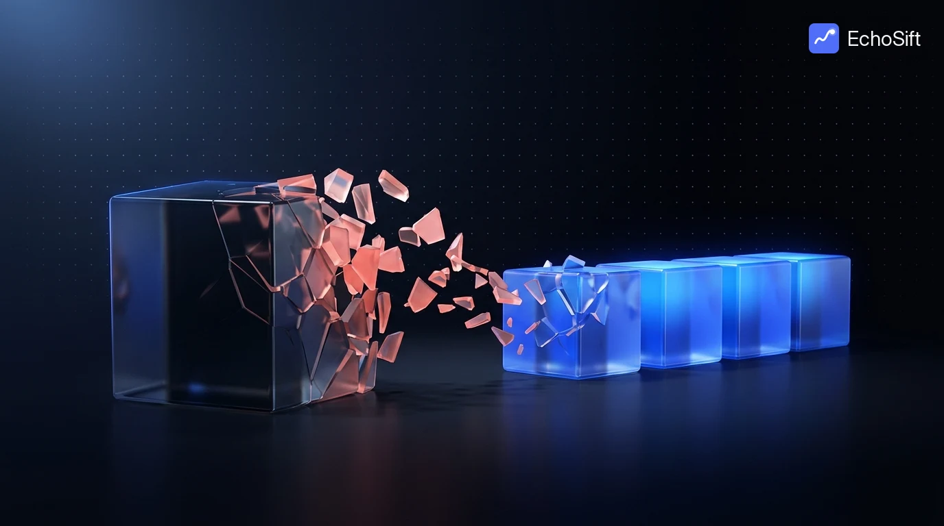 3D illustration: On the left, a large dark glass cube mid-shatter, frozen in time, its coral-tinted fragments suspended and drifting rightward like a slow explosion.