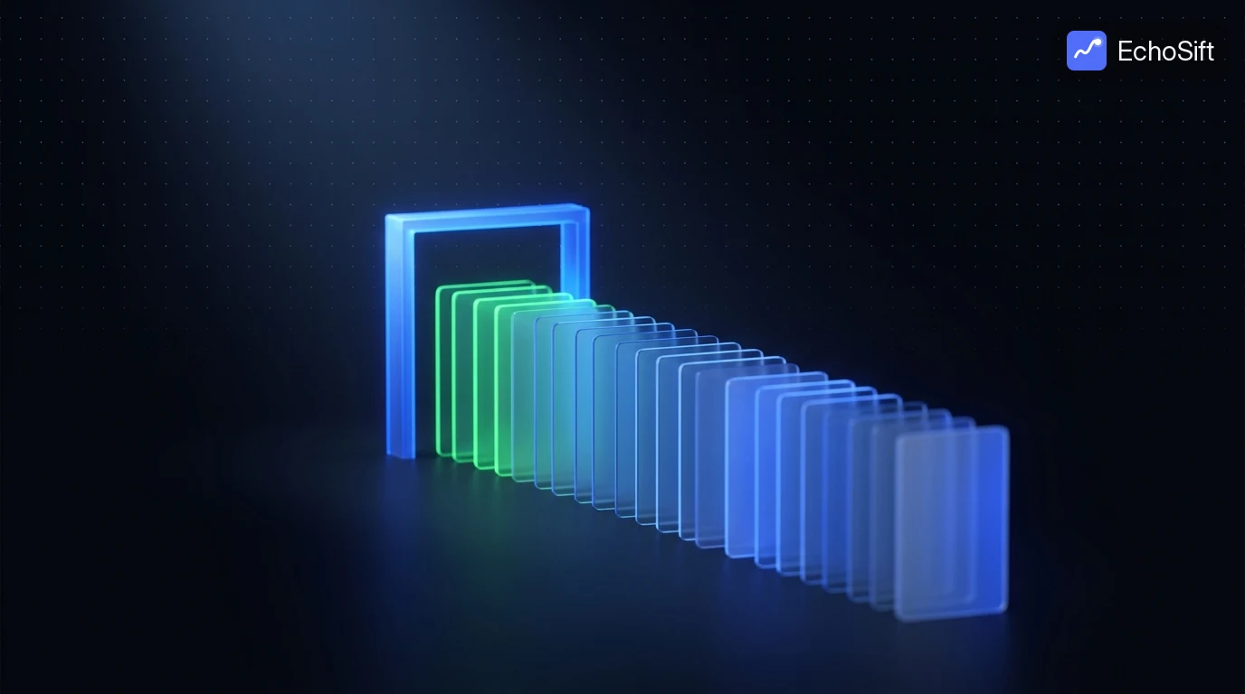 3D illustration: A long queue of thin translucent vertical cards standing in single file on a dark floor, curving gently from the foreground toward a bright blue glowing gate frame in the background.