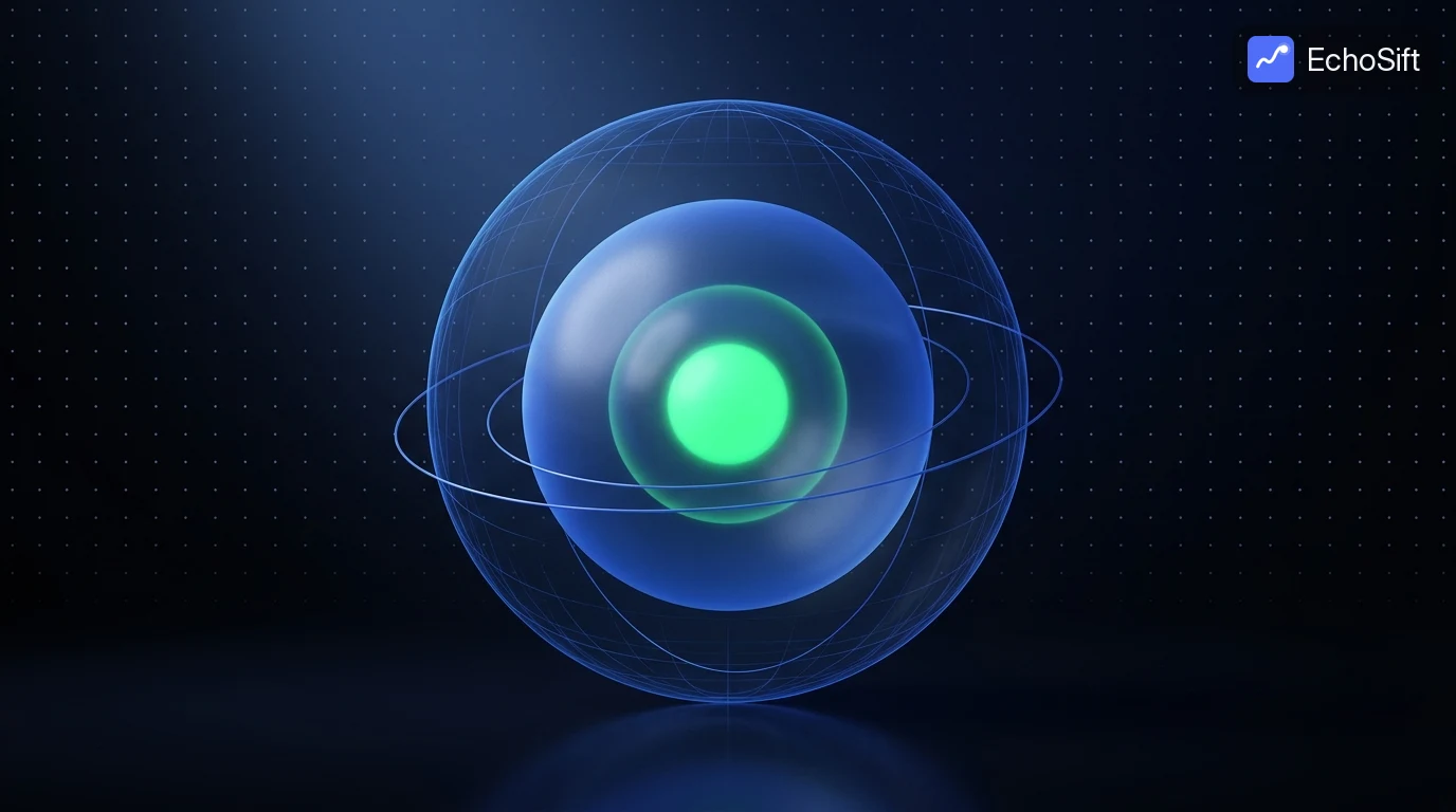 3D illustration: Three concentric translucent spheres nested inside each other, floating over a dark reflective surface: the outer sphere large and barely visible blue wireframe, the middle one denser frosted blue, the innermost small, solid and glowing neon green like a core.