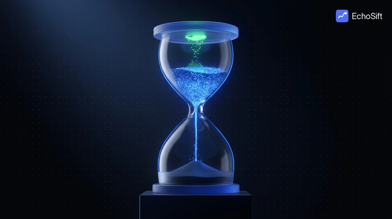 3D illustration: A large elegant glass hourglass on a dark pedestal, its upper chamber holding glowing blue particles that drain in a thin luminous stream into the darker lower chamber.