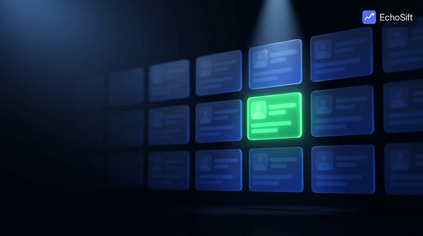 3D illustration: A dark gallery wall of many blurred dim blue translucent profile-card rectangles arranged in a loose grid receding into darkness.