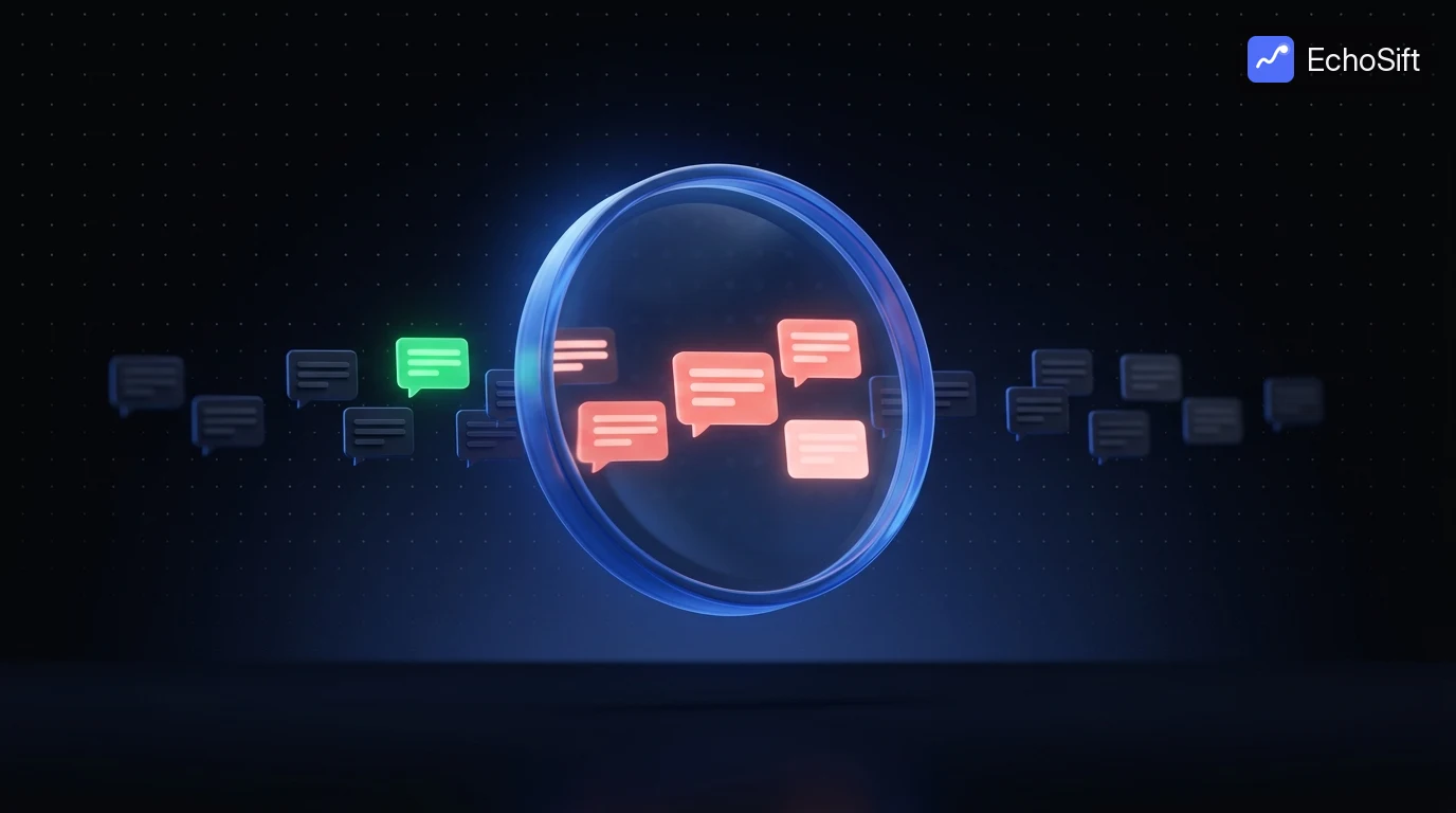 3D illustration: A large round magnifying lens with a blue glass rim hovering over a horizontal stream of small dark floating message-card shapes.