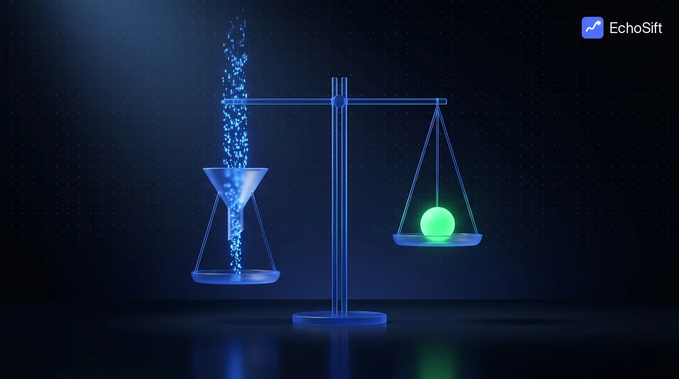 3D illustration: A precise balance scale built of thin blue glass rods standing on a dark stage.