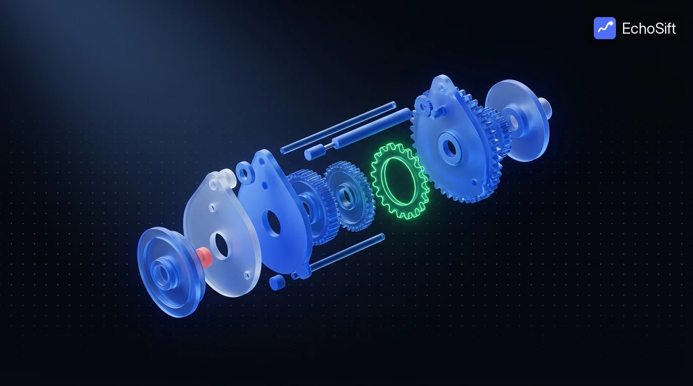 3D illustration: An exploded-view of a precision machine assembly floating in dark space: blue translucent gears, plates and rods separated in mid-air along an invisible axis.