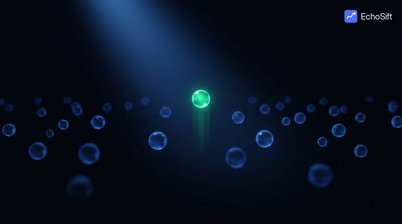 3D illustration: A wide dark space filled with dozens of small floating glass orbs at different depths, all dim blue and slightly out of focus, like sleeping fireflies.