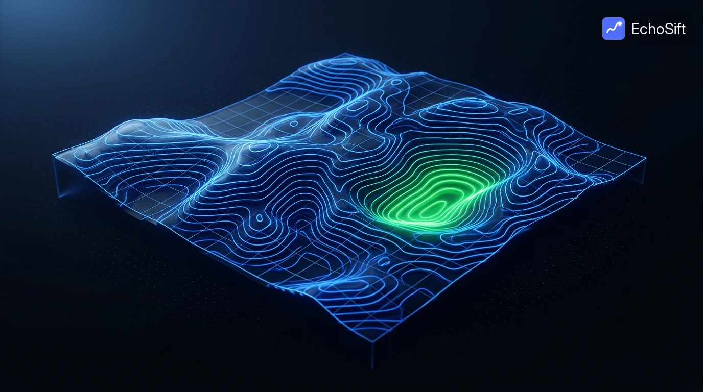 3D illustration: A dark topographic terrain model with glowing blue contour lines, seen from a high three-quarter angle.