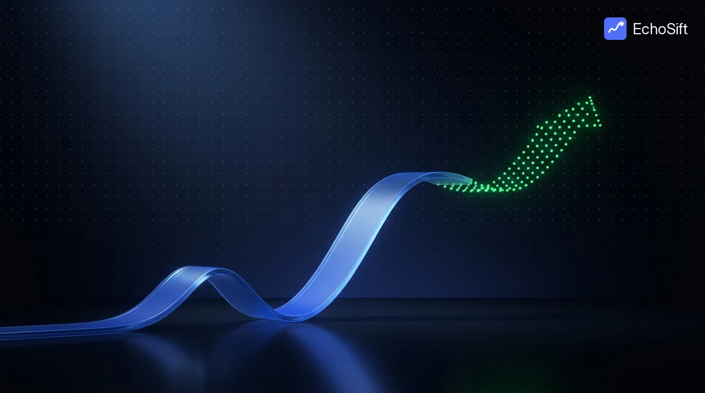 3D illustration: A smooth ascending 3D ribbon curve made of blue glass rising from the lower left across a dark stage, its surface catching rim light.