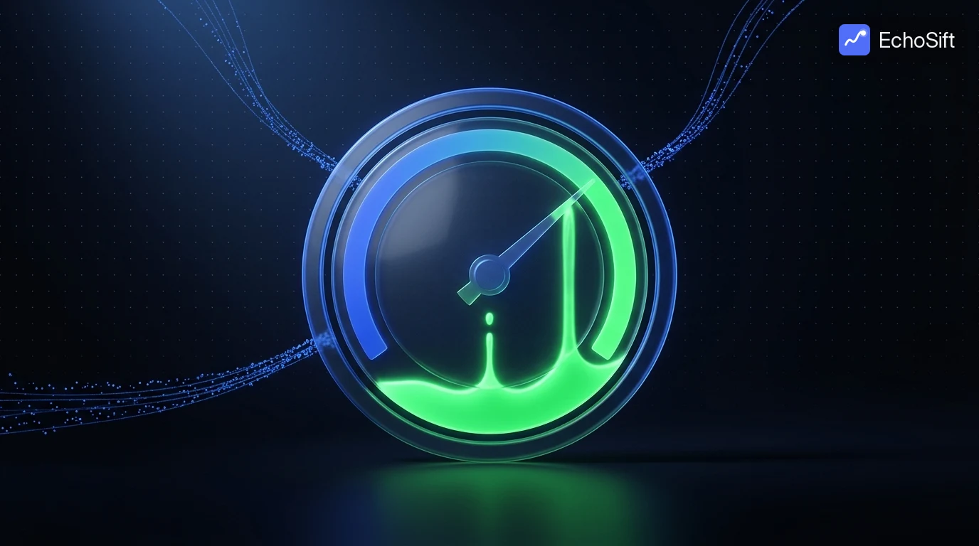 3D illustration: A large circular glass gauge dial standing upright on a dark stage, its arc filling with rising neon-green liquid light from the bottom.