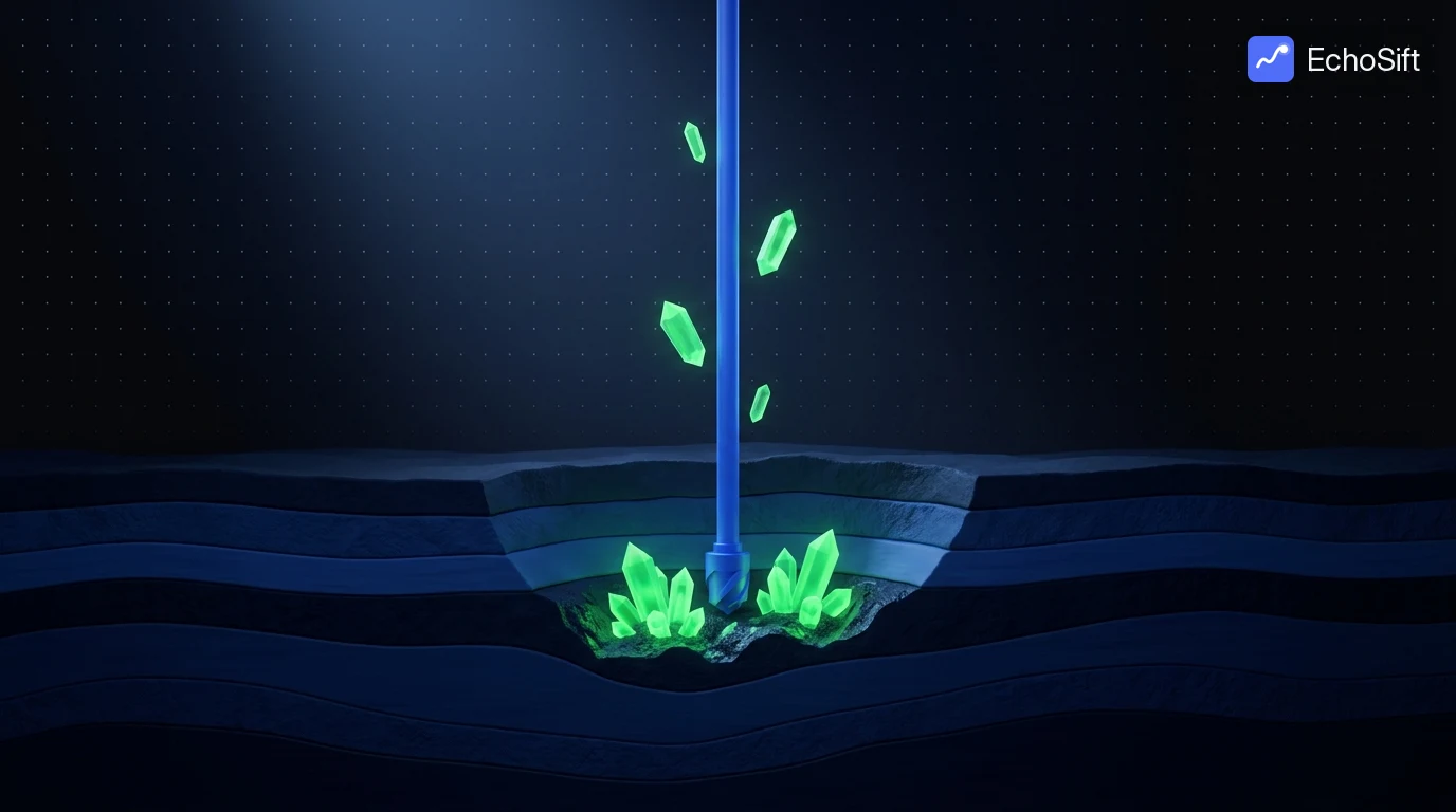 3D illustration: A geological cross-section of dark layered strata filling the lower half of the frame, each layer a slightly different deep blue.
