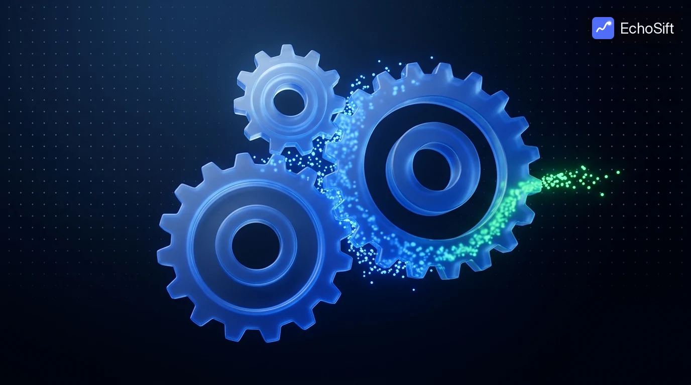 3D illustration: Three interlocking translucent blue gears of different sizes turning together in dark space, teeth meshed with mechanical precision.