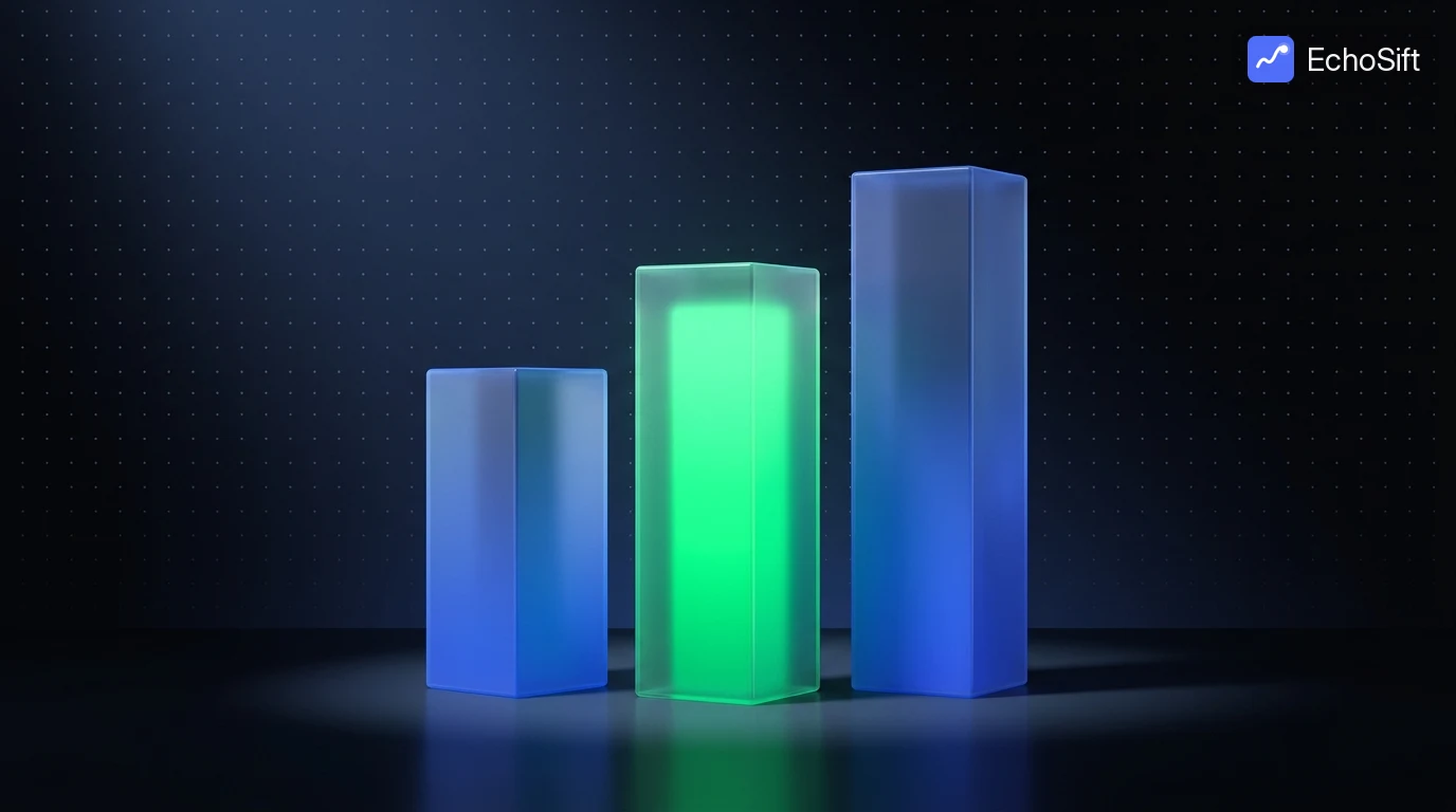 3D illustration: Three rectangular frosted glass pillars of increasing height standing side by side on a dark reflective stage, like abstract pricing columns without any text.