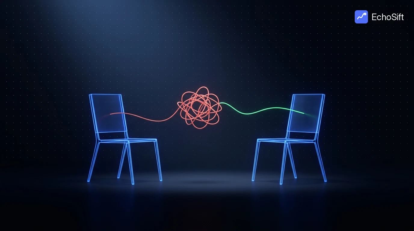 3D illustration: Two minimalist chairs facing each other, built from glowing blue light wireframe, on a dark empty stage.