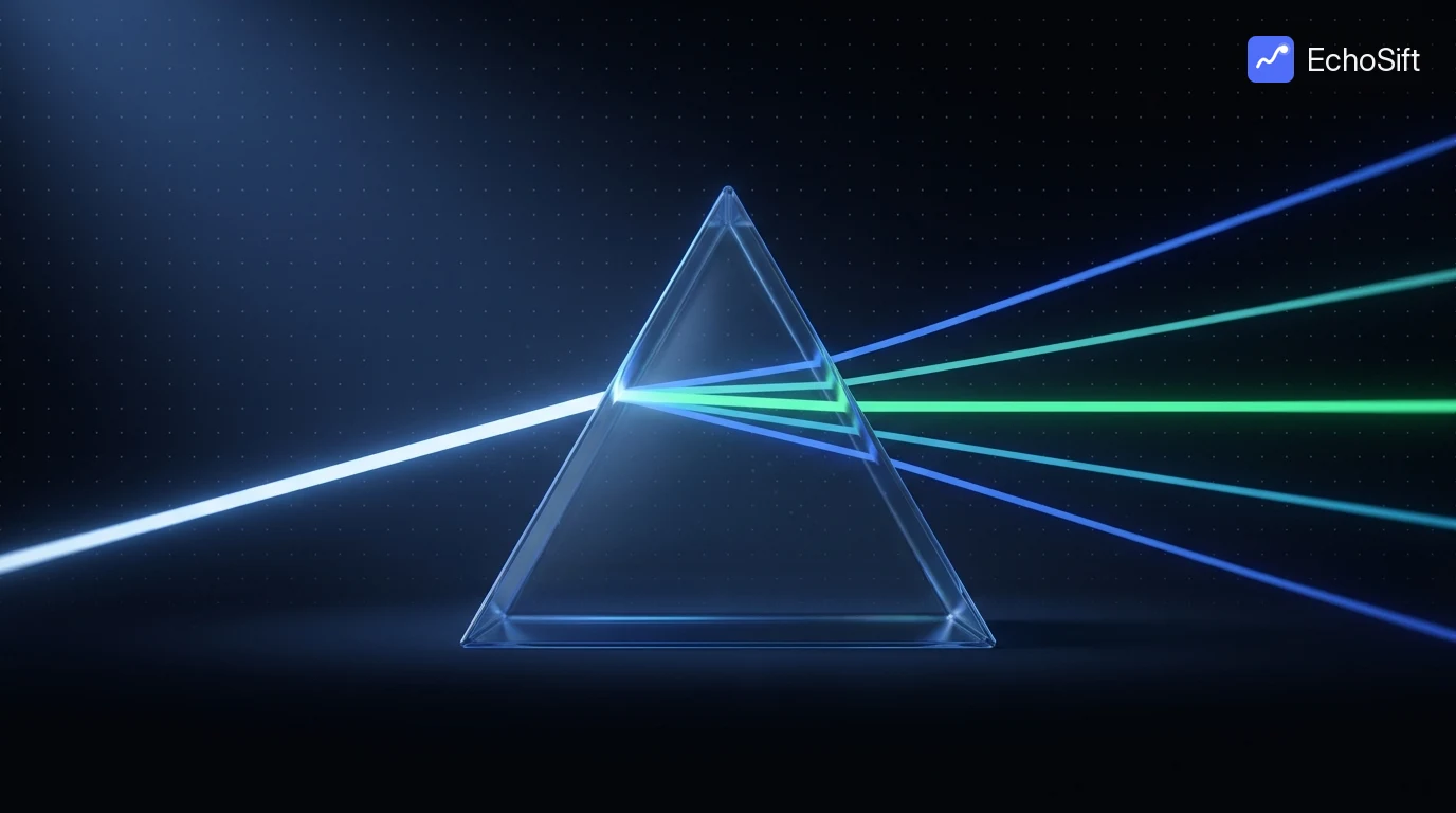 3D illustration: A single beam of white-blue light entering a large triangular glass prism at frame center and splitting into five crisp divergent rays, each a slightly different shade between brand blue and blue-green, fanning across the dark right half of the frame.