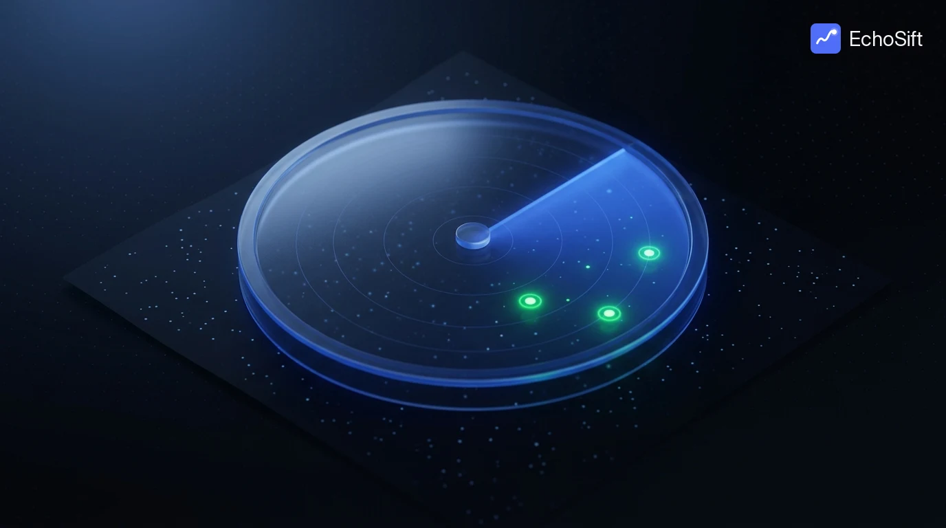 3D illustration: A dark radar station: a large circular radar dish of blue glass sweeping a translucent blue arc across a starfield of scattered dim signal dots on a dark planar map below.