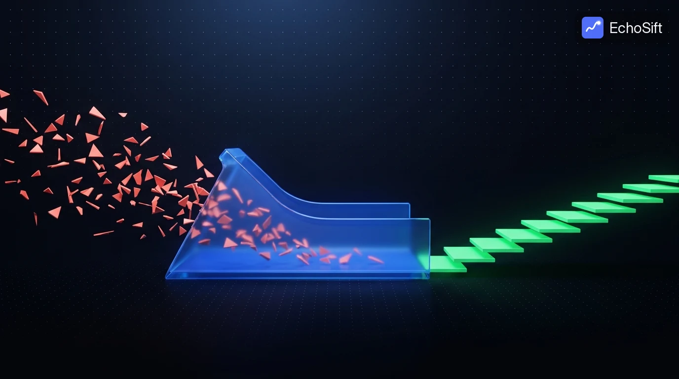 3D illustration: On the left, a chaotic cloud of small sharp coral shards tumbling in dark space; they funnel into a wide transparent blue glass channel at frame center, and emerge on the right as an orderly ascending path of evenly spaced neon-green stepping-stone tiles leading toward the horizon.