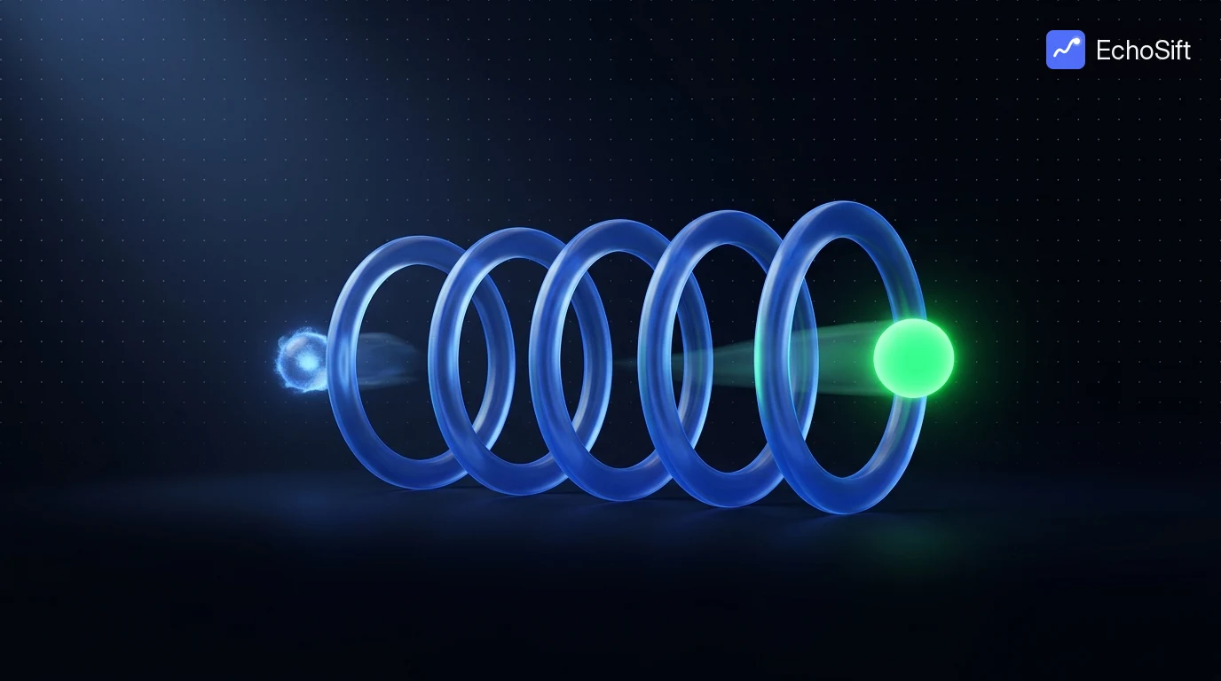 3D illustration: A small fragile glowing orb travelling left to right through a series of five upright blue glass test rings on a dark stage, each ring like a gate.