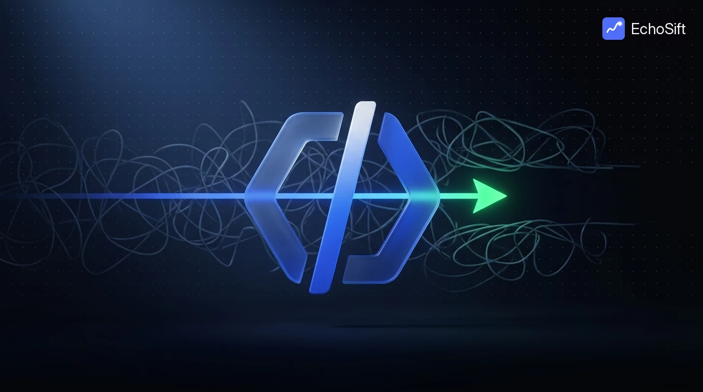 3D illustration: A dark space filled with a fog of dim tangled gray-blue line scribbles.