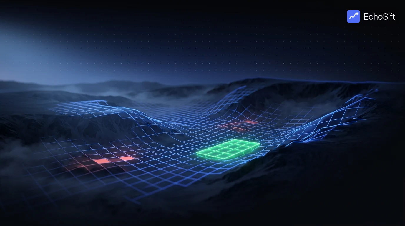 3D illustration: A dark valley landscape seen from a ridge at dusk, with a luminous blue survey grid projected over the terrain like augmented reality, following the topography.