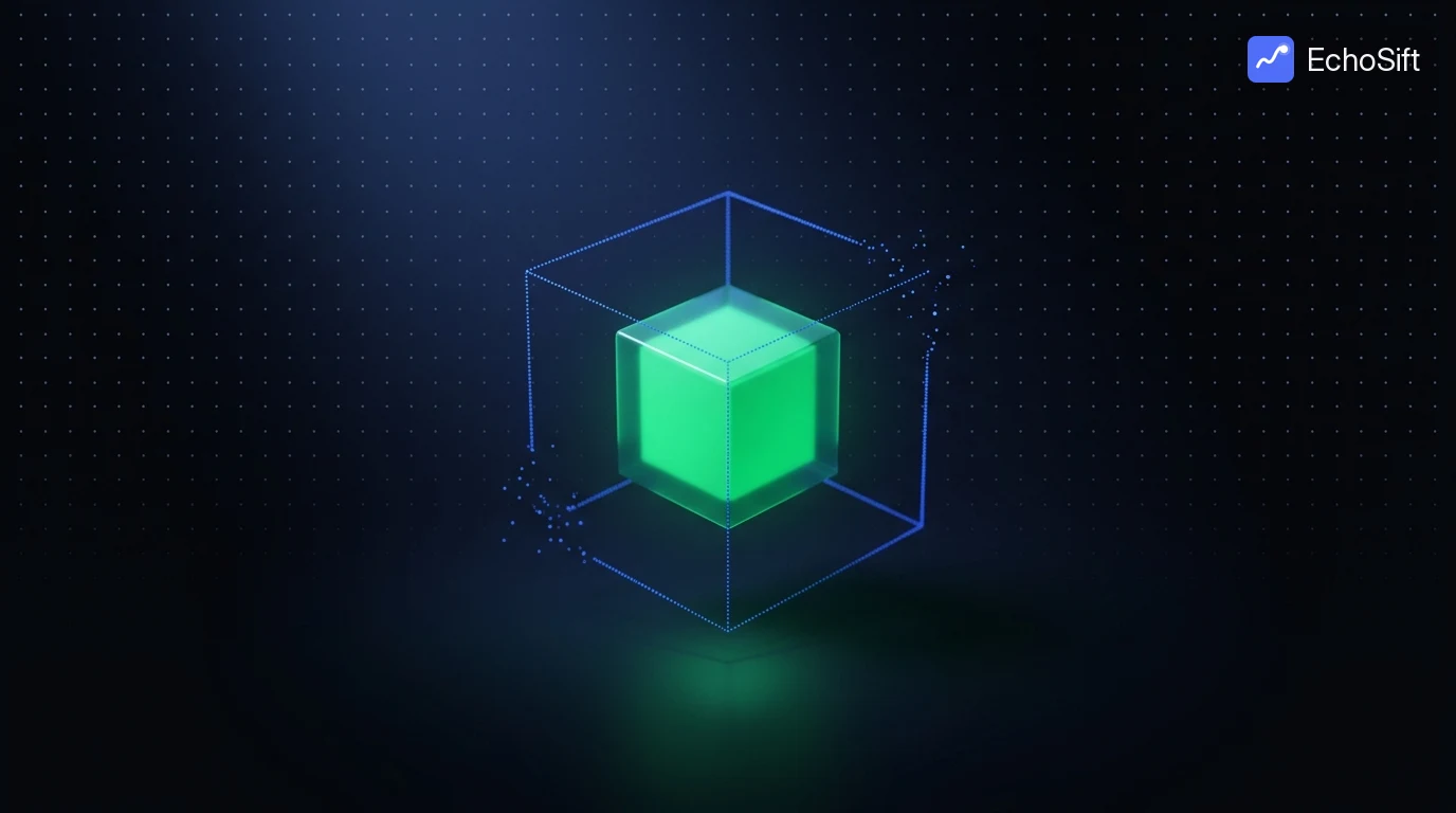 3D illustration: A single cube at frame center: its core is a smaller solid polished cube glowing pure emerald green (a cool green like a terminal LED, absolutely NOT lime, NOT yellow-green, NOT chartreuse), complete and precise; around it the outer larger cube is only sketched by dotted blue wireframe edges, deliberately unfinished, a few edges dissolving into small particles.