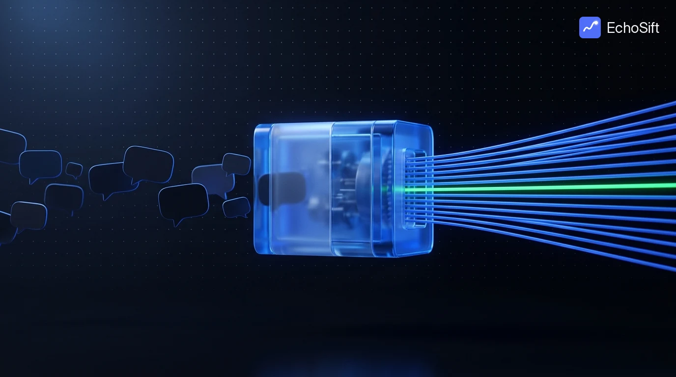 3D illustration: From the left, a flow of dark irregular speech-bubble shapes drifts into a sleek glowing blue glass machine block at frame center; from its right side emerge perfectly parallel ordered threads of light in blue, evenly spaced like woven fibers, one thread glowing neon green.