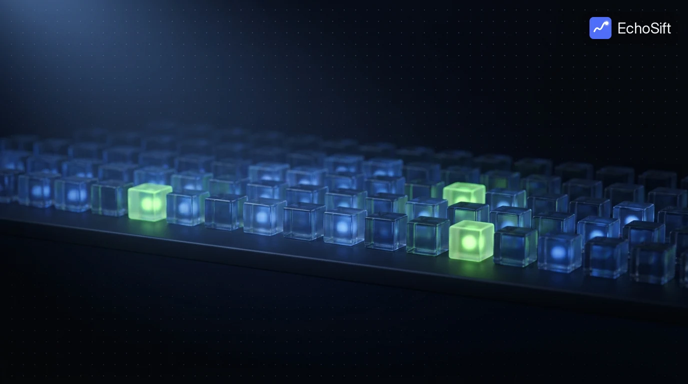 3D illustration: A macro close-up of a dark shelf holding many tiny glass boxes in neat rows, each the size of a die, most glowing faint blue from within.