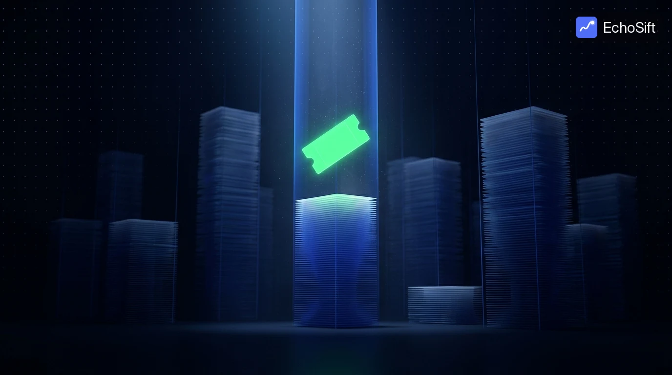 3D illustration: A vast dark archive hall filled with tall stacks of thin translucent ticket cards receding into darkness, like suspended card files.