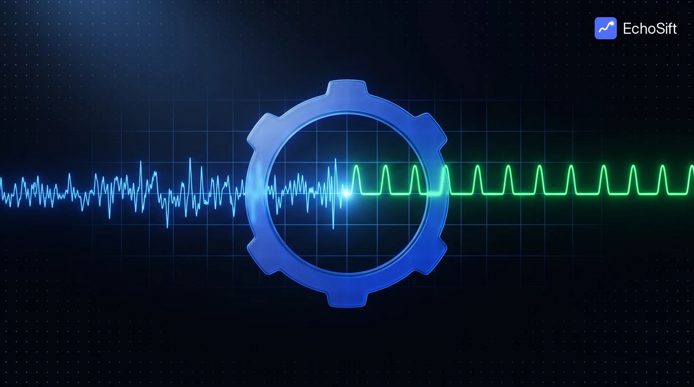3D illustration: A wide dark oscilloscope stage: a horizontal luminous blue waveform travels across the frame, erratic and noisy on the left half, then locking into a perfectly clean, steady, repeating neon-green pulse on the right half.