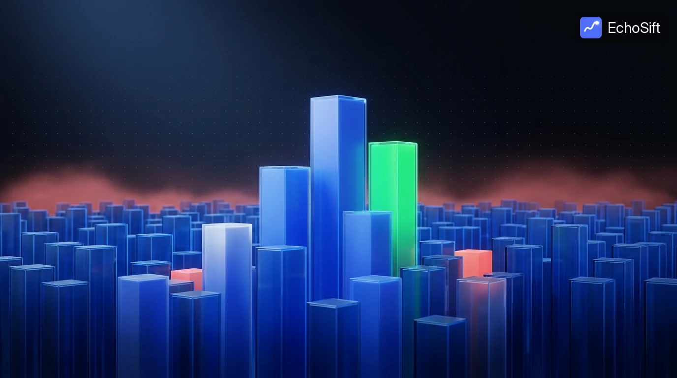 3D illustration: An endless dense city of identical rectangular blue glass towers packed edge to edge with no gaps and no streets, stretching to the horizon.