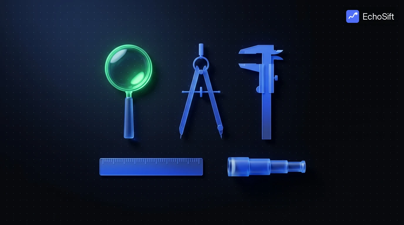 3D illustration: An orderly dark workbench seen from directly above, with floating precision instruments made of blue glass arranged in a neat grid: a magnifying lens, a drafting compass, calipers, a ruler, a small telescope.