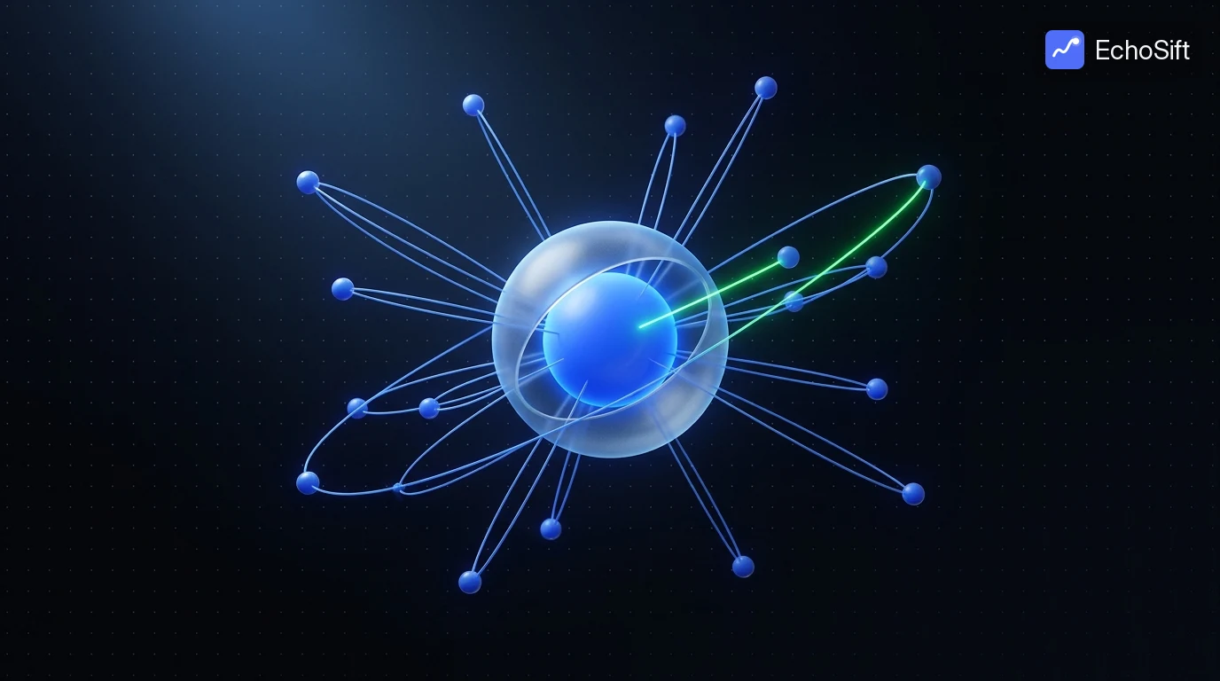 3D illustration: A central glowing blue hub sphere floating in dark space, wrapped in a delicate frosted glass shell, with many thin clean light threads radiating outward to a constellation of small orbiting node spheres at different depths.
